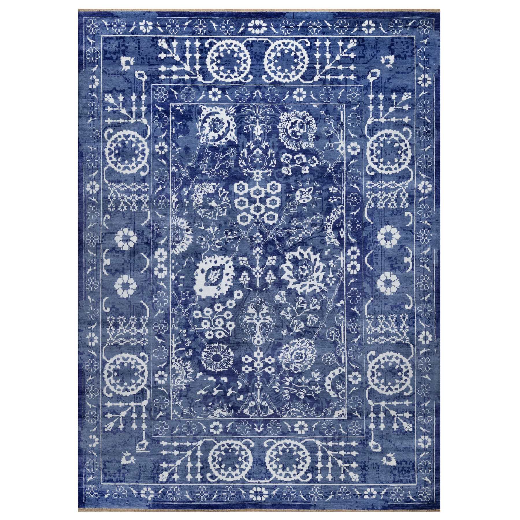 9'x12'3" Yale Blue, Tabriz with All Over Leaf Motifs, Hand Knotted, Tone on Tone, Wool and Silk, Oriental Rug 